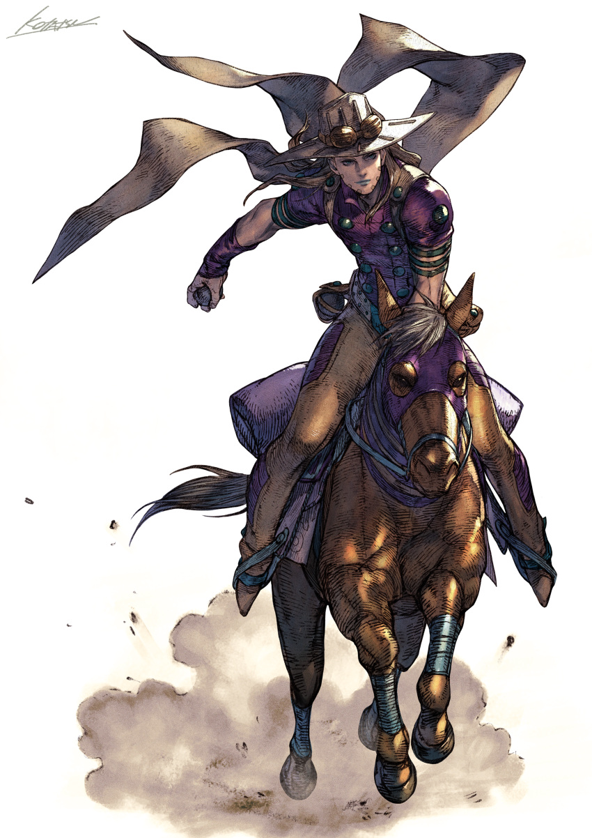 1boy absurdres blue_lips brown_pants buttons cape cowboy_hat double-breasted goggles goggles_on_headwear gyro_zeppeli hat highres holding horseback_riding jojo_no_kimyou_na_bouken kotatsu_(g-rough) lipstick makeup male_focus pants purple_shirt riding shirt signature simple_background smile solo steel_ball_run white_background