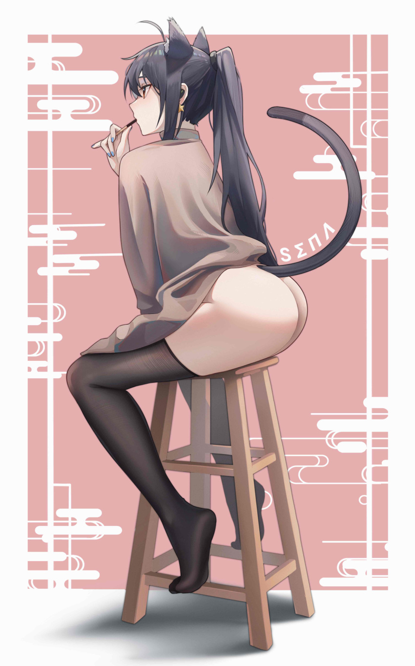 1girl absurdres animal_ear_fluff animal_ears artist_name ass black_thighhighs blue_nails blush border bottomless brown_sweater cat_ears cat_girl cat_tail earrings eating egasumi english_commentary extra_ears food full_body highres holding holding_food jewelry long_hair long_sleeves nail_polish original outside_border pink_background pocky ponytail profile red_eyes senamashiro sitting stool sweater tail thighhighs thighs white_border