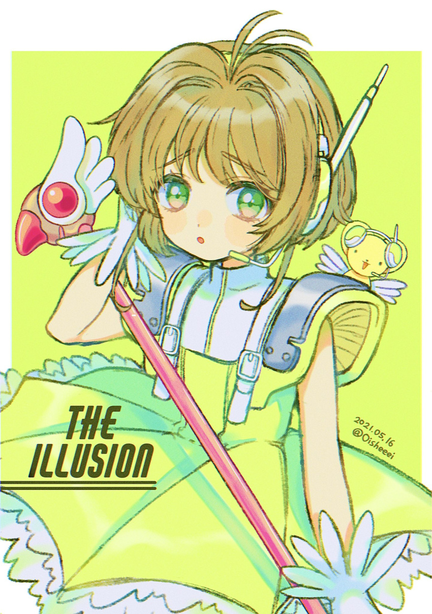 1girl antenna_hair bangs blush brown_hair cardcaptor_sakura dated dress fuuin_no_tsue gloves green_dress green_eyes highres holding kero kinomoto_sakura looking_at_viewer magical_girl mameeekueya open_mouth short_hair twitter_username wand white_gloves wings