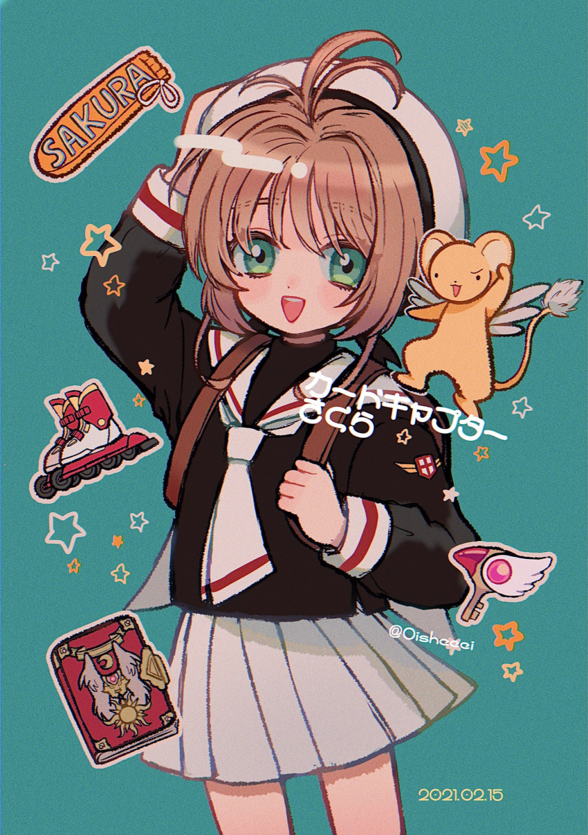 1girl antenna_hair bag bangs black_shirt blush book brown_hair cardcaptor_sakura copyright_name dated fuuin_no_tsue green_eyes hat highres holding kero kinomoto_sakura long_sleeves looking_at_viewer mameeekueya open_mouth pleated_skirt roller_skates sailor_collar school_uniform serafuku shirt short_hair signature skates skirt smile tomoeda_elementary_school_uniform white_headwear white_sailor_collar white_skirt wings