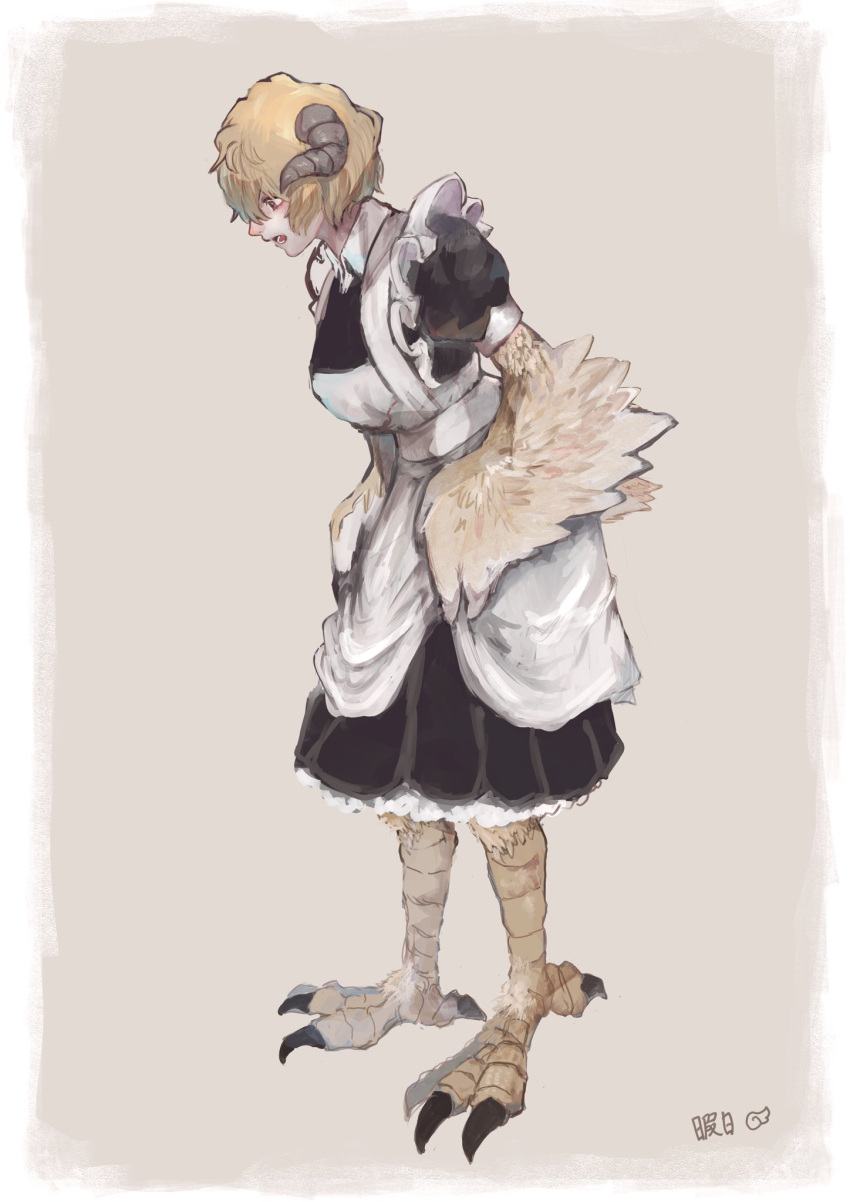 1girl animal_feet apron bird_legs bird_tail black_dress brown_background brown_hair brown_wings collared_dress dress feathered_wings frilled_apron frilled_dress frills full_body grey_horns harpy highres horns kajituohima looking_down maid maid_apron monster_girl open_mouth original puffy_short_sleeves puffy_sleeves sheep_horns short_hair short_sleeves simple_background solo standing tail talons white_apron winged_arms wings
