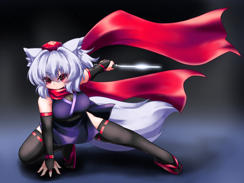 1girl animal_ear_fluff animal_ears arm_support bangs bare_shoulders black_thighhighs breasts bridal_gauntlets cleavage commentary_request full_body fuuren_udon grey_hair hair_between_eyes hat holding holding_sword holding_weapon inubashiri_momiji japanese_clothes kimono large_breasts ninja one_knee purple_kimono red_eyes red_footwear red_headwear red_scarf ribbon-trimmed_legwear ribbon_trim scarf short_eyebrows short_sword sleeveless sleeveless_kimono solo sword tabi tail thick_eyebrows thighhighs tokin_hat touhou weapon wolf_ears wolf_girl wolf_tail zouri