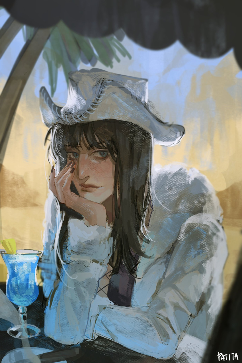 1girl arm_rest artist_name bangs black_hair blue_eyes closed_mouth coat cup day drink drinking_glass elbow_rest fingernails fur_collar hand_on_own_cheek hand_on_own_chin hand_on_own_face hand_up hat head_rest highres lips long_hair long_sleeves looking_at_viewer nail_polish nico_robin one_piece outdoors patita red_nails solo