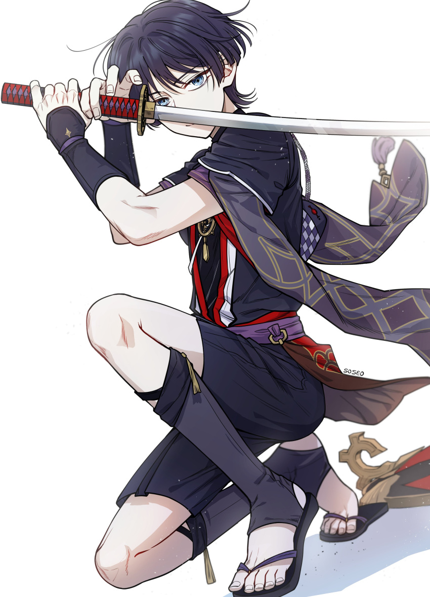 1boy absurdres armor blue_eyes closed_mouth full_body genshin_impact hat hat_removed headwear_removed highres holding holding_sword holding_weapon japanese_armor japanese_clothes jingasa katana kote kurokote looking_at_viewer male_focus one_knee pillosopi purple_hair scaramouche_(genshin_impact) signature simple_background solo sword tassel toenails toes weapon white_background wide_sleeves