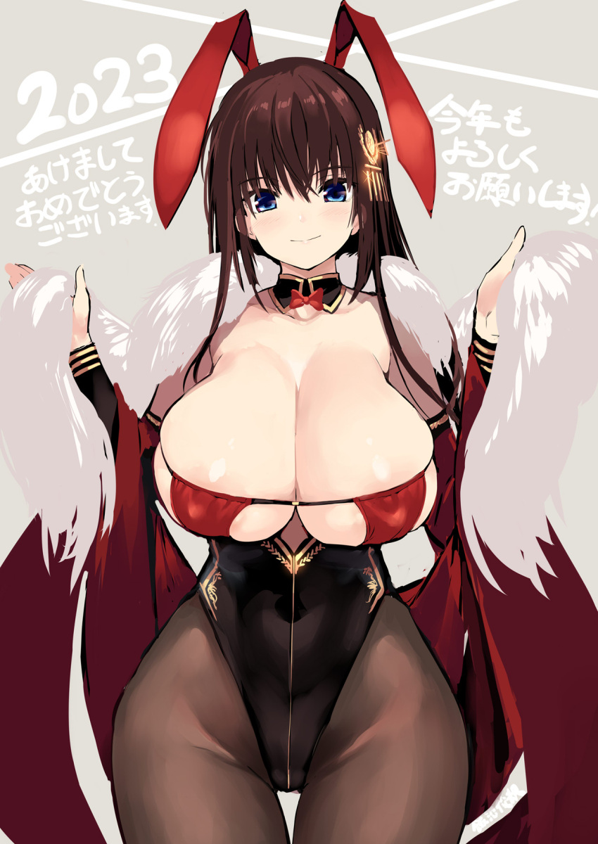 1girl 2023 animal_ears black_leotard black_pantyhose blue_eyes breasts brown_hair cleavage closed_mouth cowboy_shot fur_trim grey_background hair_ornament highres huge_breasts leotard long_hair looking_at_viewer mc_axis messy_(efuya) pantyhose playboy_bunny rabbit_ears smile solo standing translation_request wide_hips