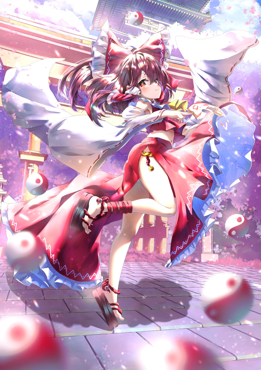 1girl absurdres ascot bangs black_footwear bow brown_hair closed_mouth dfra full_body hair_bow hair_tubes hakurei_reimu highres looking_at_viewer medium_hair orb outdoors red_bow red_eyes red_skirt ribbon-trimmed_sleeves ribbon_trim sidelocks skirt solo standing standing_on_one_leg torii touhou wide_sleeves yellow_ascot yin_yang yin_yang_orb