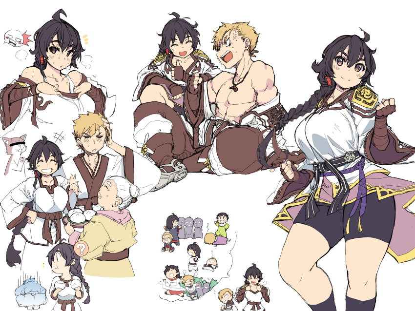 +++ 3boys 3girls absurdres aged_down ahoge anger_vein baozi bike_shorts black_buruma black_hair black_shorts blonde_hair braid braided_ponytail breasts brown_eyes brown_gloves brown_pants buruma censored clenched_hands commentary_request fingerless_gloves food full_body gloom_(expression) gloves highres identity_censor jewelry large_breasts long_hair mil_(xration) multiple_boys multiple_girls multiple_views muscular muscular_male necklace old old_woman open_mouth pants ragnarok_online red_buruma shirt short_hair shorts simple_background smile star_emperor_(ragnarok_online) white_background white_shirt