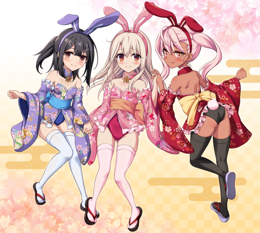 3girls :p absurdres animal_ears ass ass_visible_through_thighs back black_hair black_leotard black_thighhighs blonde_hair blue_leotard blush breasts chinese_zodiac chloe_von_einzbern dark-skinned_female dark_skin fake_animal_ears fate/kaleid_liner_prisma_illya fate_(series) floral_print hair_ornament hairclip highleg highleg_leotard highres holding_hands illyasviel_von_einzbern interlocked_fingers japanese_clothes kimono leotard long_hair looking_at_viewer looking_back looking_to_the_side miyu_edelfelt morokoshi_(tekku) multiple_girls obi orange_eyes pink_hair pink_thighhighs playboy_bunny rabbit_ears red_eyes red_leotard sandals sash small_breasts smile strapless thighhighs thighs tongue tongue_out white_thighhighs wide_sleeves year_of_the_rabbit