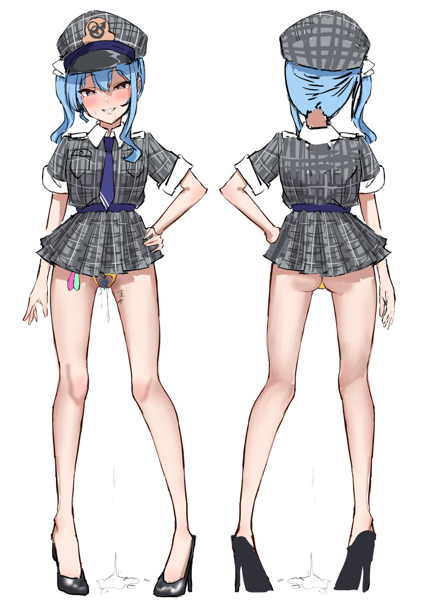 1girl absurdres adapted_costume ass back black_footwear blue_eyes blue_hair blush crotch_cutout female_pubic_hair grin hand_on_hip hat heart heart-shaped_pupils high_heels highres hime_apple hololive hoshimachi_suisei interlocked_mars_and_venus_symbols looking_at_viewer mars_symbol microskirt multiple_views pubic_hair pussy_juice side_ponytail sketch skirt smile symbol-shaped_pupils twitter_username venus_symbol virtual_youtuber