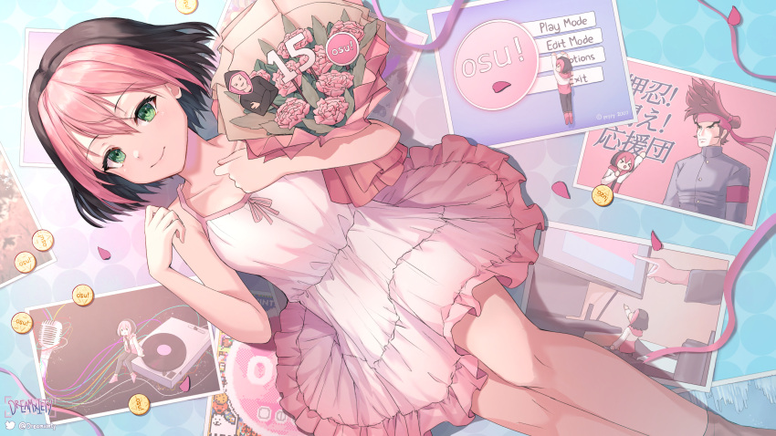 &gt;_&lt; 1girl :d alternate_costume annoying_dog artist_name bangs black_hair bouquet breasts chibi closed_mouth coin collarbone copyright copyright_name cropped_legs dreamxiety dress dutch_angle eyelashes flower frilled_dress frills green_eyes grey_socks hair_between_eyes hand_on_own_chest hand_up highres holding holding_bouquet ippongi_ryuuta knees light_blush looking_at_viewer lying medium_breasts microphone monitor multicolored_hair on_back osu! osu!_tatakae!_ouendan patterned_background photo_(object) pink_dress pink_hair pippi_(osu!) pixel_art pointing r/place reddit short_hair sleeveless sleeveless_dress smile socks solo turntable twitter_username undertale xd