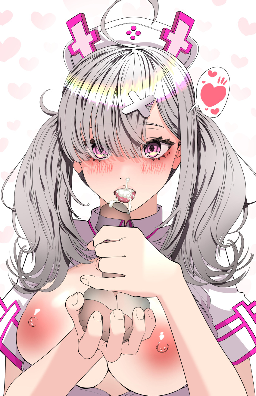 1girl absurdres ahoge apron blush breasts censored cum cum_in_mouth erection eyes_visible_through_hair fellatio fellatio_gesture grey_hair hair_ornament hair_over_one_eye handjob hat hetero highres large_areolae large_breasts licking licking_lips licking_penis nijisanji oral penis solo_focus sukoya_kana testicles tongue tongue_out user_wchm8253 virtual_youtuber