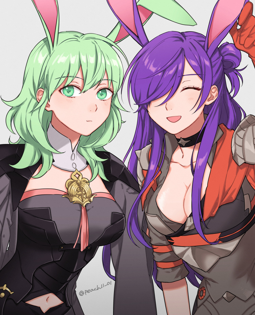 2girls absurdres animal_ears armor asymmetrical_clothes bangs black_coat blush breasts bustier byleth_(fire_emblem) byleth_(fire_emblem)_(female) cape chinese_zodiac choker cleavage closed_eyes closed_mouth coat facing_viewer fire_emblem fire_emblem:_three_houses fire_emblem_warriors:_three_hopes gloves green_eyes green_hair hair_between_eyes hair_bun hair_over_one_eye highres large_breasts long_hair looking_at_viewer medium_breasts medium_hair multiple_girls navel open_mouth peach11_01 purple_hair rabbit_ears shez_(fire_emblem) shez_(fire_emblem)_(female) simple_background single_hair_bun smile twitter_username year_of_the_rabbit