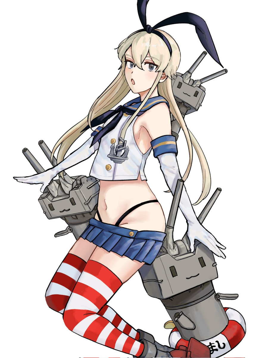 1girl anchor_hair_ornament black_hairband black_neckerchief black_panties blonde_hair blue_sailor_collar blue_skirt crop_top elbow_gloves feet_out_of_frame gloves grey_eyes hair_ornament hairband highleg highleg_panties highres kantai_collection long_hair looking_at_viewer microskirt miniskirt neckerchief nidou panties pleated_skirt rensouhou-chan sailor_collar shimakaze_(kancolle) simple_background skirt striped striped_thighhighs thighhighs underwear white_background white_gloves