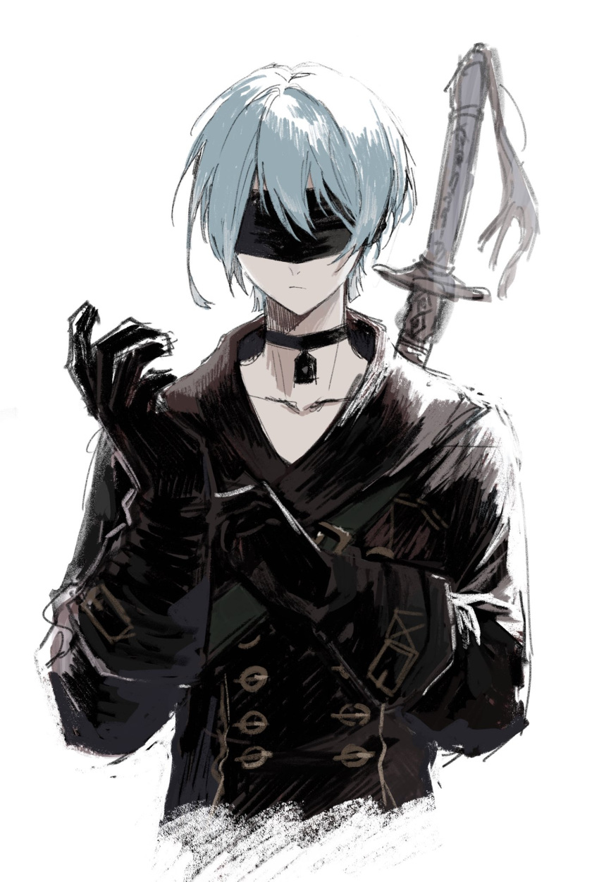 1boy adjusting_clothes adjusting_gloves black_blindfold black_choker black_gloves blindfold choker closed_mouth commentary_request gloves highres male_focus nier_(series) nier_automata short_hair simple_background solo sword upper_body weapon white_background white_hair yng_z yorha_no._9_type_s