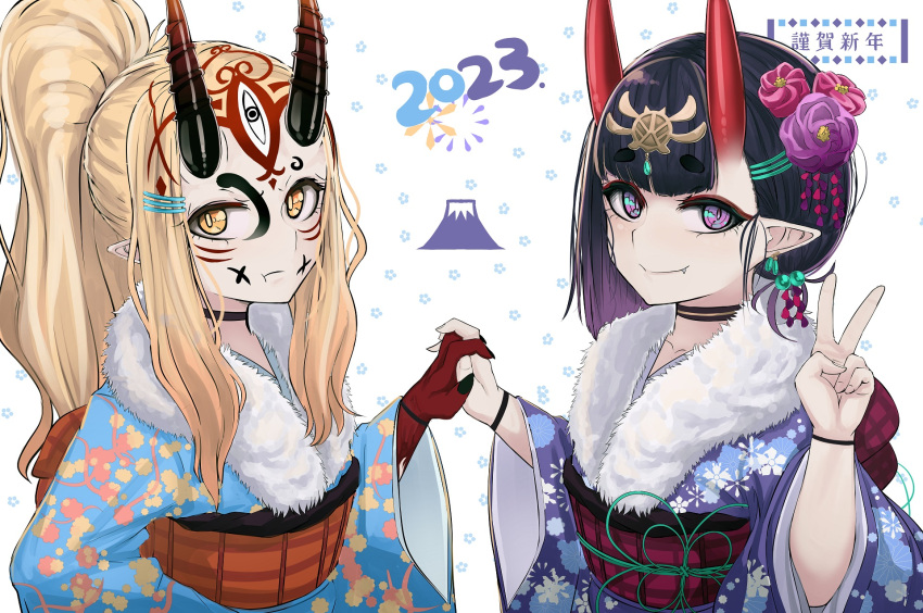 2girls :t alternate_costume alternate_hairstyle aqua_kimono b.d bangs black_choker blonde_hair blue_kimono bob_cut choker closed_mouth earrings english_commentary eyeliner facepaint facial_mark fang fate/grand_order fate_(series) fingernails floral_print flower forehead_mark fur-trimmed_kimono fur_trim hair_bobbles hair_flower hair_ornament hairclip happy_new_year headpiece high_ponytail highres holding_hands horns ibaraki_douji_(fate) interlocked_fingers japanese_clothes jewelry kimono long_hair long_sleeves looking_at_viewer makeup multiple_girls no_eyebrows obi oni oni_horns pointy_ears purple_eyes purple_hair sash sharp_fingernails short_eyebrows short_hair shuten_douji_(fate) sidelocks sideways_glance simple_background skin-covered_horns smile tattoo upper_body v white_background wide_sleeves wristband yellow_eyes