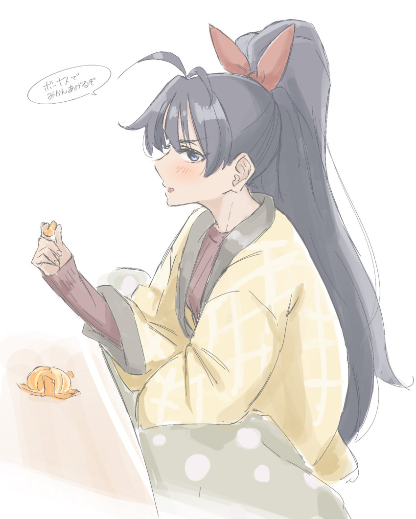 1girl anjerain bangs black_hair blue_eyes blush coat commentary food from_side fruit ganaha_hibiki hair_behind_ear hair_ribbon happi highres holding holding_food holding_fruit idolmaster idolmaster_(classic) japanese_clothes long_hair looking_at_viewer open_mouth orange_(fruit) orange_slice ponytail red_ribbon red_sweater ribbed_sweater ribbon sleeves_past_wrists solo speech_bubble sweater translated very_long_hair yellow_coat