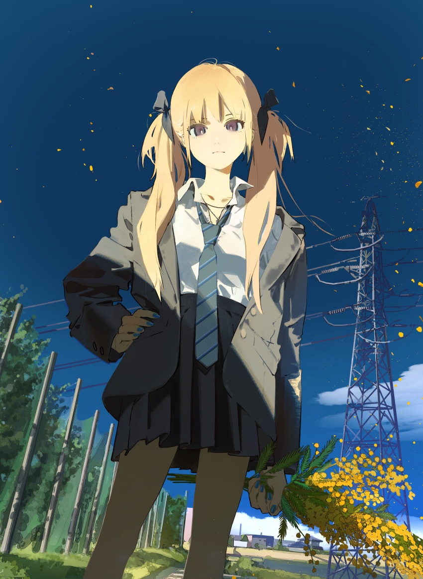 1girl absurdres black_bow black_jacket black_skirt blonde_hair blue_nails blue_necktie blue_sky bow brown_eyes closed_mouth collared_shirt day falling_petals fingernails grape_vine hair_bow hand_on_hip highres jacket kukka long_hair looking_at_viewer mimosa_(flower) miniskirt nail_polish necktie open_clothes open_jacket original outdoors petals pleated_skirt school_uniform shirt skirt sky solo standing transmission_tower white_shirt wing_collar