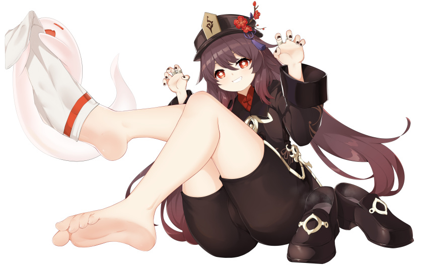 1girl absurdres barefoot black_nails boo_tao_(genshin_impact) brown_hair chashuwu claw_pose coat feet flower flower-shaped_pupils genshin_impact ghost grin hands_up hat hat_flower highres hu_tao_(genshin_impact) jewelry long_hair long_sleeves multiple_rings nail_polish porkpie_hat red_eyes removing_sock ring shoes shoes_removed smile sock_pull socks soles solo symbol-shaped_pupils tassel toes white_background white_socks