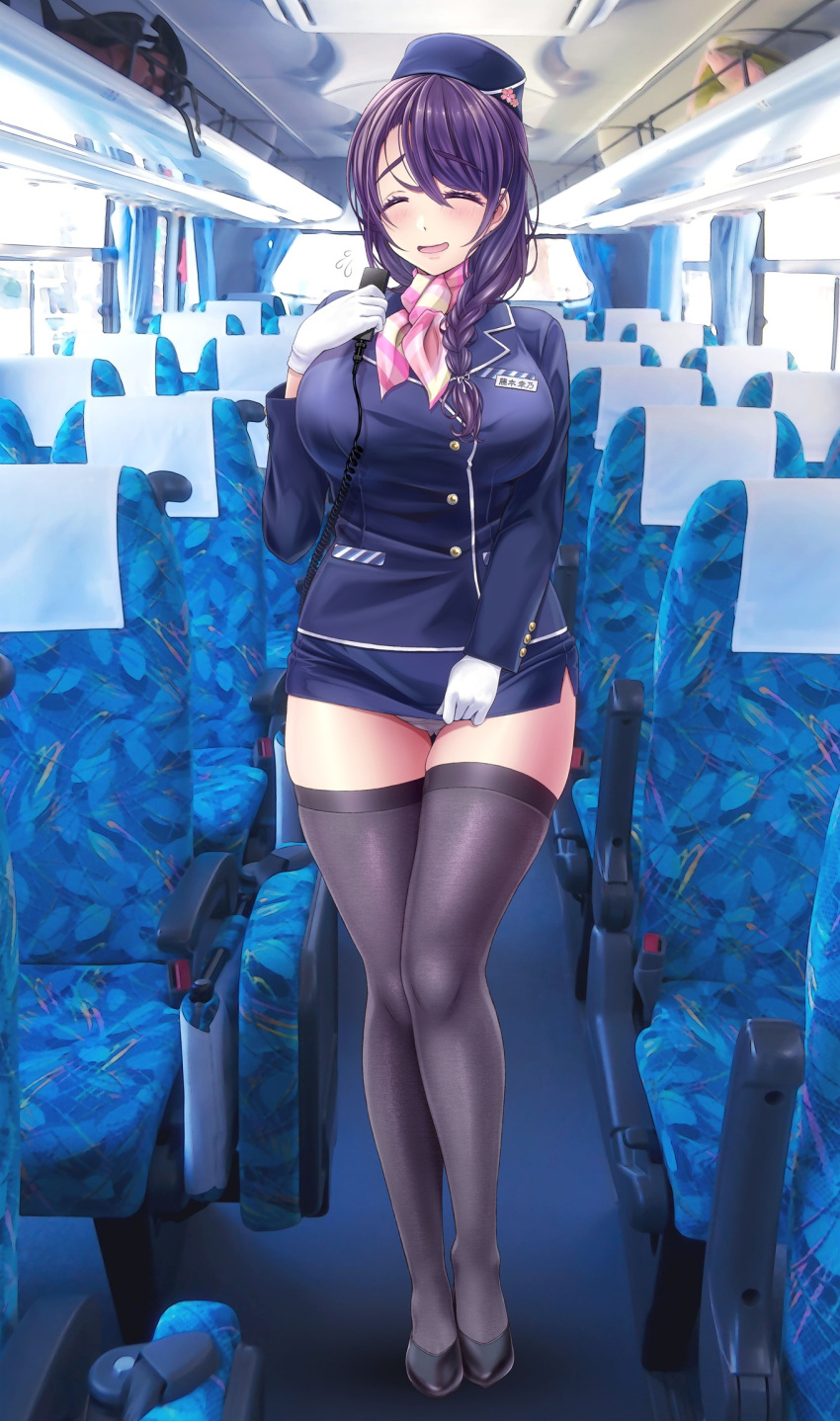 1girl bangs black_hair black_jacket black_shirt black_skirt black_thighhighs breasts bus_interior chair closed_eyes commentary_request day gloves hair_over_shoulder high_heels highres jacket large_breasts legs long_hair miniskirt neckerchief open_mouth original panties purple_hair shirt skirt smile solo standing taut_clothes taut_shirt thighhighs toe_cleavage tour_guide underwear v-mag white_gloves white_panties window