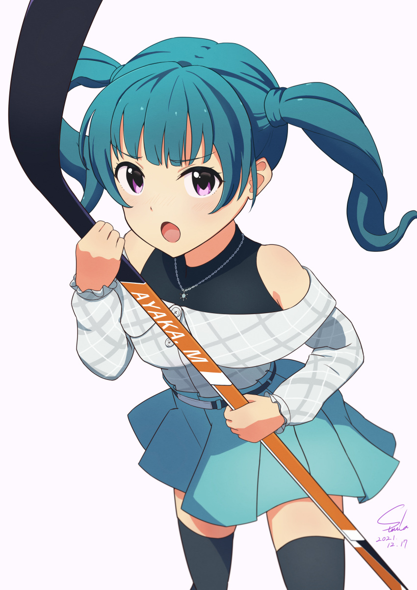 1girl :o absurdres black_thighhighs blue_hair blue_skirt character_name dated highres hockey_stick holding_hockey_stick jewelry long_sleeves looking_at_viewer mizusawa_ayaka necklace puraore!_pride_of_orange purple_eyes simple_background skirt solo standing stevia_01492 thighhighs twintails white_background
