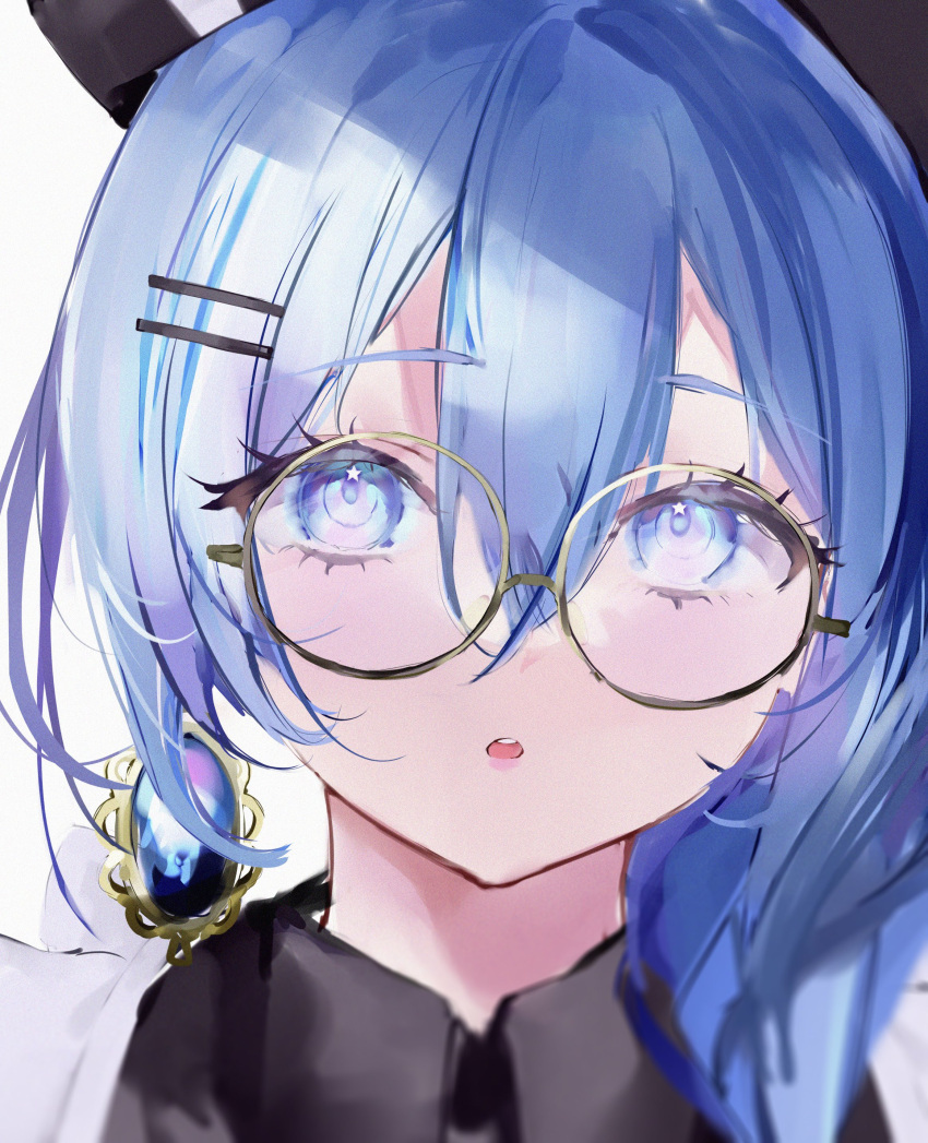 1girl :o absurdres blue_hair close-up earrings glasses highres hololive hoshimachi_suisei jewelry looking_at_viewer maid mile_(off8mile) parted_lips round_eyewear simple_background solo star_(symbol) star_in_eye symbol_in_eye virtual_youtuber white_background