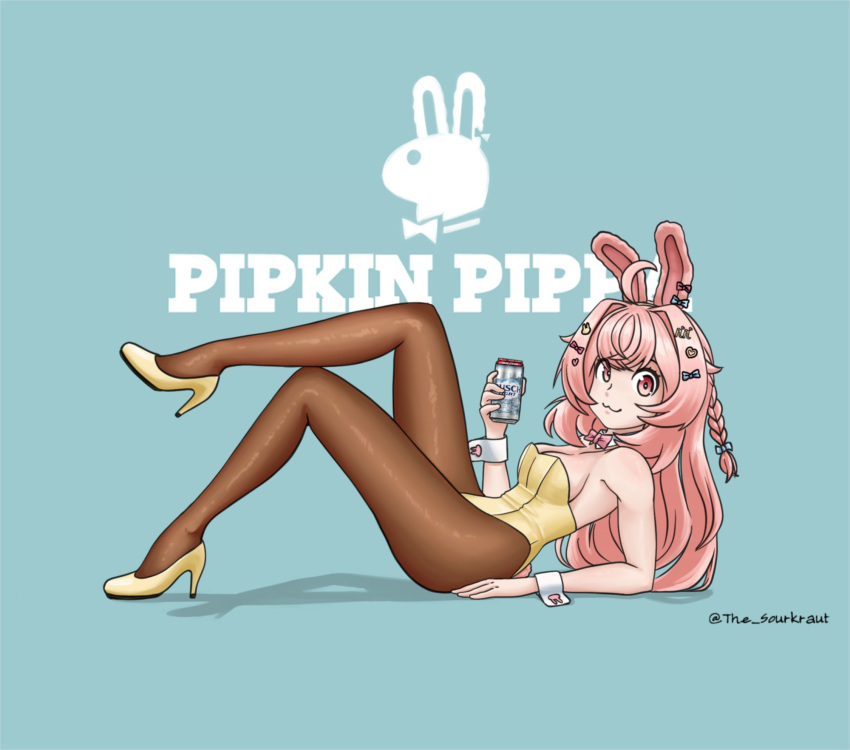 1girl :3 alcohol animal_ears arm_support bare_shoulders beer beer_can black_pantyhose blue_background bow bowtie breasts can character_name cleavage closed_mouth detached_collar english_commentary from_side full_body high_heels highres leotard long_hair looking_at_viewer lounging medium_breasts pantyhose phase_connect pink_bow pink_bowtie pink_eyes pink_hair pipkin_pippa playboy_bunny rabbit_ears rabbit_girl simple_background smile solo the_sourkraut twitter_username virtual_youtuber wrist_cuffs yellow_leotard