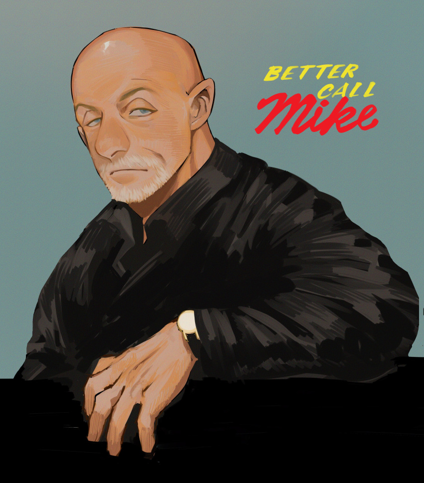 1boy absurdres animification bald better_call_saul big_nose black_jacket blue_background blue_eyes breaking_bad facial_hair goatee highres jacket looking_to_the_side ma2_ereki male_focus mike_ehrmantraut parody solo title_parody watch wristwatch