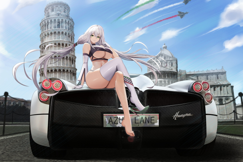 1girl absurdres aircraft airplane alternate_costume aquila_(azur_lane) architecture arm_support ass asymmetrical_legwear azur_lane bangs bare_shoulders barefoot bikini black_shirt blue_sky breasts canards car cathedral_of_pisa character_name checkered_clothes cleavage cloud commentary copyright_name crop_top crossed_legs day detached_sleeves eurofighter_typhoon feet fighter_jet floating_hair full_body gloves grass greco-roman_architecture green_eyes grey_hair ground_vehicle hair_between_eyes hand_up handrail high_heels highres italian_flag italy jet kcar66t large_breasts leaning_tower_of_pisa license_plate long_hair looking_at_viewer low_twintails military military_vehicle motor_vehicle navel outdoors pagani pagani_huayra parted_lips piazza_dei_miracoli pisa product_placement race_queen real_world_location road shadow shirt shoe_dangle shoes sidelocks single_bare_leg single_detached_sleeve single_shoe single_thighhigh sitting sitting_on_car sky sleeveless sleeveless_shirt smile solo sports_car stomach swimsuit thighhighs thighs thong turtleneck twintails underboob very_long_hair white_gloves white_sleeves white_thighhighs wind wind_lift