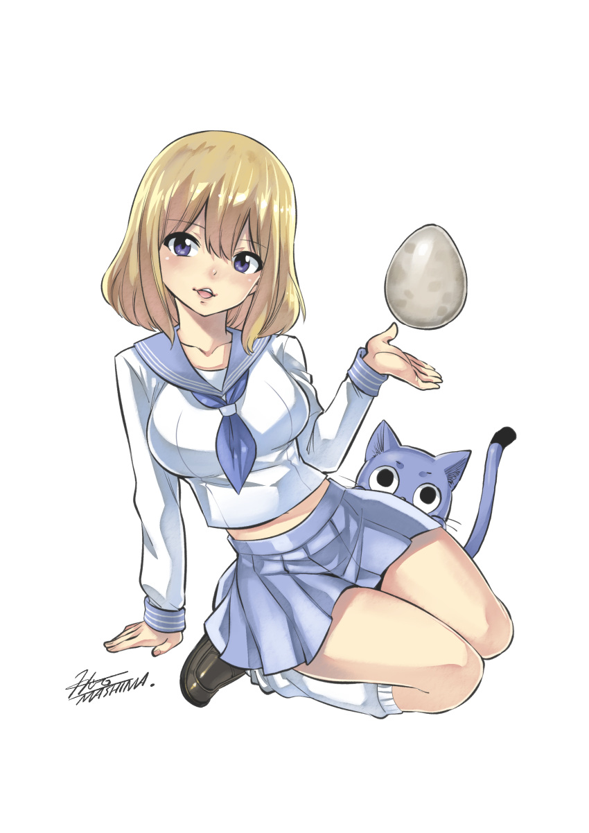 1girl absurdres arm_support artist_name blue_cat blue_sailor_collar blue_skirt breasts brown_footwear cat collarbone crossover egg fairy_tail happy_(fairy_tail) highres kakkou_no_iinazuke large_breasts loafers looking_at_viewer loose_socks mashima_hiro medium_hair midriff open_mouth pleated_skirt purple_eyes sailor_collar school_uniform shirt shoes signature simple_background skirt socks thighs umino_sachi_(kakkou_no_iinazuke) white_background white_shirt white_socks