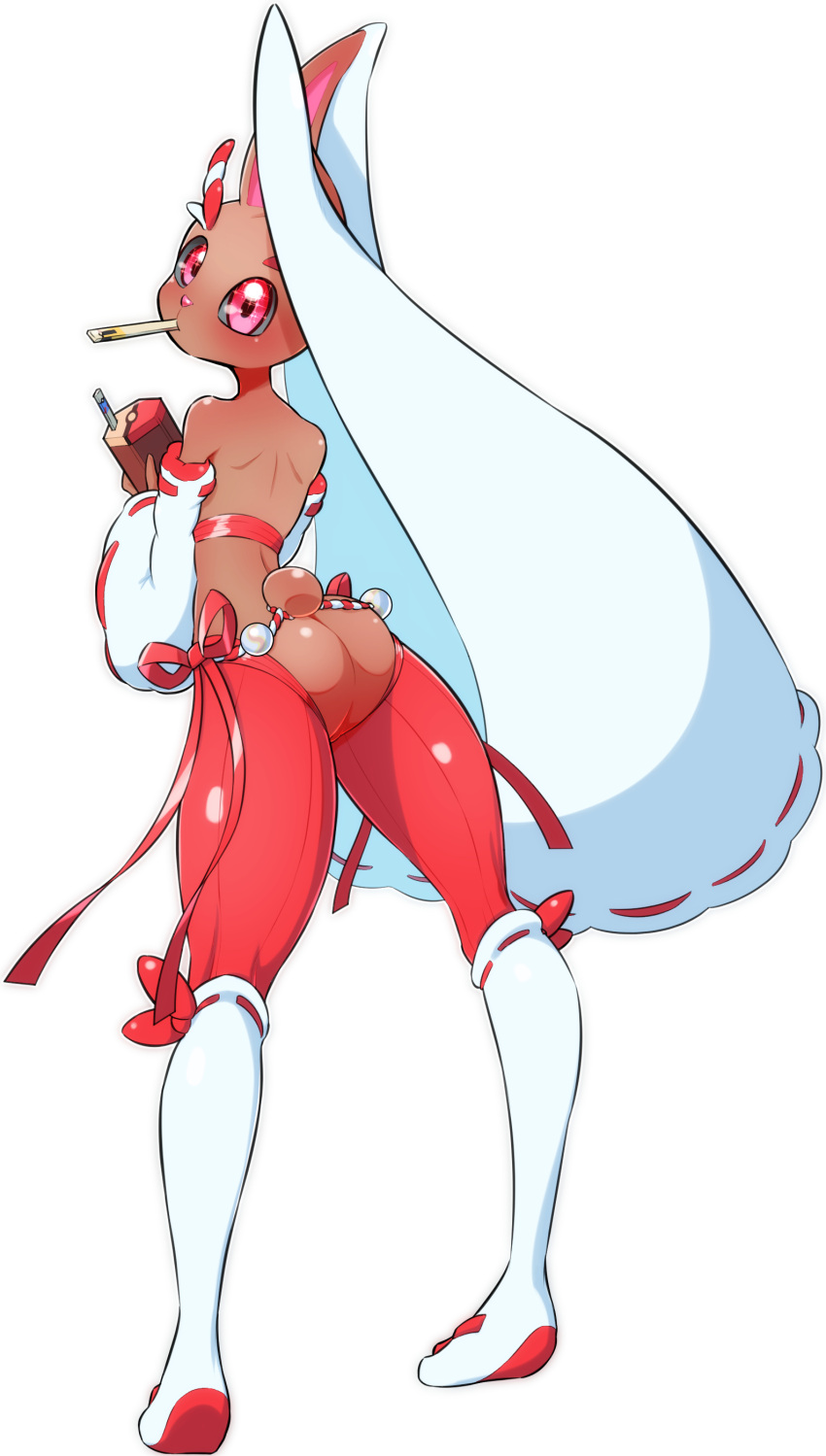 1girl absurdres alternate_color alternate_shiny_pokemon animal_ears animal_nose ass back bare_shoulders blush body_fur brown_fur closed_mouth clothed_pokemon commentary_request crotchless crotchless_pantyhose ear_covers from_behind full_body fumirumochigashin furry furry_female hand_up highres kneehighs legs_apart long_sleeves looking_at_viewer looking_back lopunny mouth_hold outline pantyhose poke_ball_symbol poke_ball_theme pokemon pokemon_(creature) rabbit_ears rabbit_girl rabbit_tail red_pantyhose red_ribbon ribbon ribbon-trimmed_legwear ribbon-trimmed_sleeves ribbon_trim shiny shiny_clothes simple_background socks solo standing tail white_background white_outline white_sleeves white_socks wide_sleeves