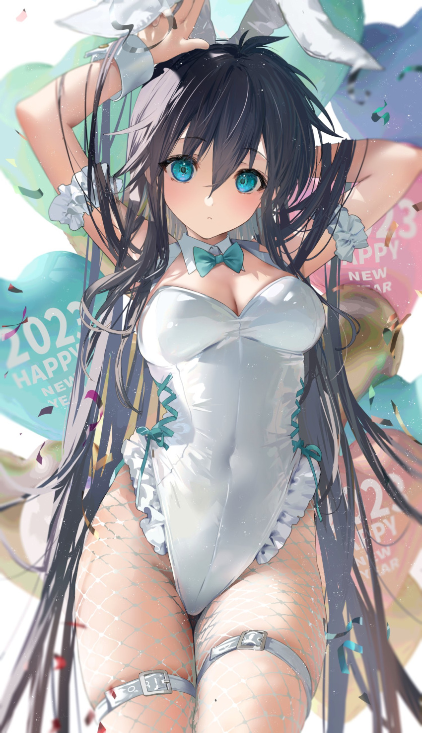 1girl 2023 absurdres animal_ears arm_up balloon bangs black_hair blue_eyes bow bowtie breasts chinese_zodiac detached_collar fishnet_pantyhose fishnets genderswap genderswap_(mtf) hair_between_eyes happy_new_year highres houshin_engi leotard long_hair medium_breasts mimoza_(96mimo414) pantyhose playboy_bunny rabbit_ears solo taikoubou thigh_strap traditional_bowtie very_long_hair white_leotard wrist_cuffs year_of_the_rabbit