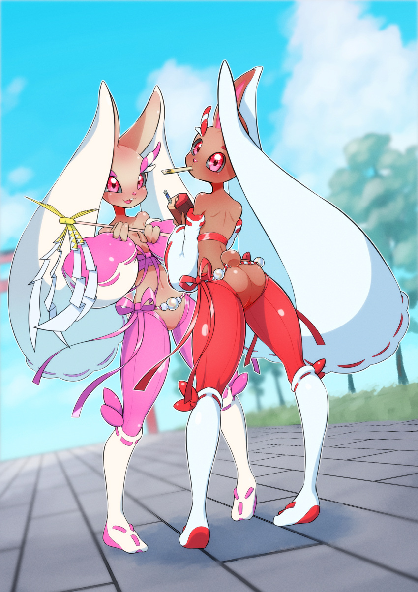 2girls :3 absurdres alternate_color alternate_shiny_pokemon animal_ears animal_nose ass back bare_shoulders black_sclera blue_sky blurry blurry_background blush body_fur brown_fur buck_teeth closed_mouth clothed_pokemon cloud colored_sclera commentary_request crotchless crotchless_pantyhose day detached_sleeves dutch_angle ear_covers flat_chest from_behind full_body fumirumochigashin furry furry_female gohei hand_up hands_up happy highres holding holding_gohei kneehighs legs_apart long_sleeves looking_at_viewer looking_back lopunny mega_stone mouth_hold multiple_girls navel nose_blush open_mouth outdoors outline pantyhose pigeon-toed pink_pantyhose pink_ribbon poke_ball_symbol poke_ball_theme pokemon pokemon_(creature) rabbit_ears rabbit_girl rabbit_tail red_eyes red_pantyhose red_ribbon ribbon ribbon-trimmed_legwear ribbon-trimmed_sleeves ribbon_trim shiny shiny_clothes shiny_pokemon sky smile socks standing stomach tail teeth tree white_outline white_sleeves white_socks wide_sleeves