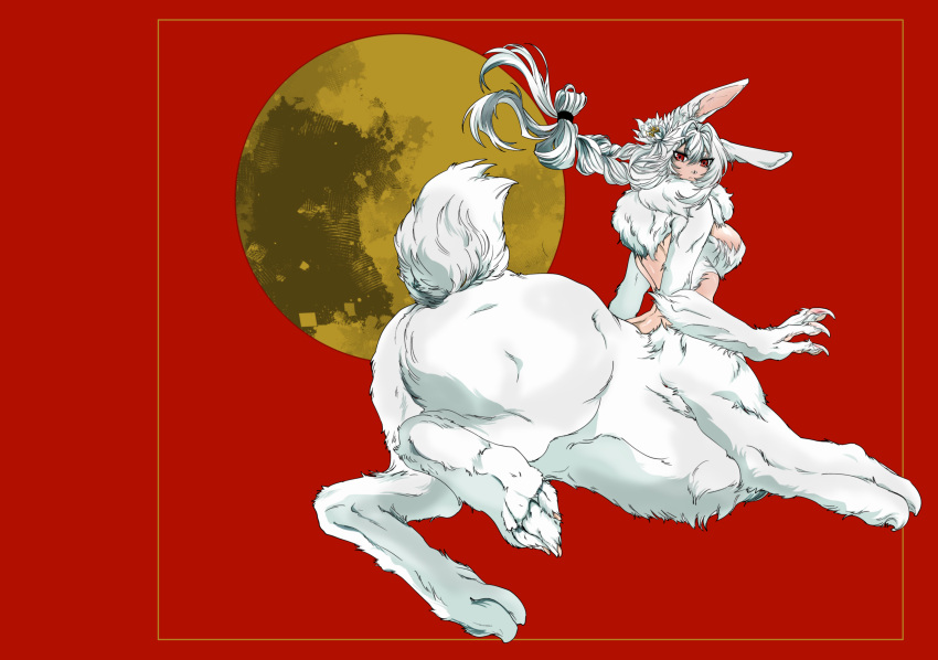 1girl absurdres animal_ears ass bangs border braid breasts centauroid chinese_zodiac claws cleavage closed_mouth commentary flower full_body full_moon fur_collar hair_flower hair_intakes hair_ornament highres large_breasts long_hair looking_at_viewer maguro_sanzi monster_girl moon multiple_legs original rabbit_ears rabbit_tail red_background sidelocks single_braid solo tail taur thick_eyebrows white_border white_fur year_of_the_rabbit