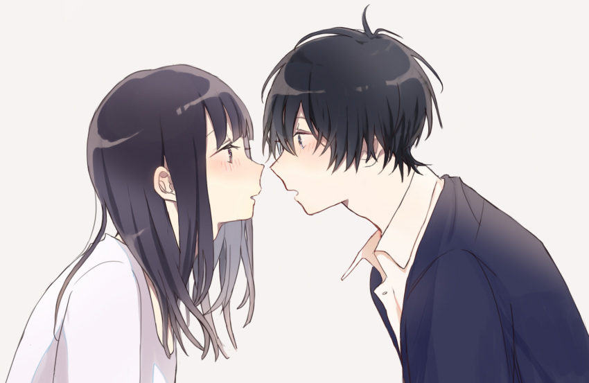 1boy 1girl bangs black_eyes black_hair blue_jacket brown_eyes collared_shirt eye_contact from_side highres jacket long_bangs looking_at_another open_mouth original profile shirt short_hair simple_background upper_body white_background white_shirt yuyu