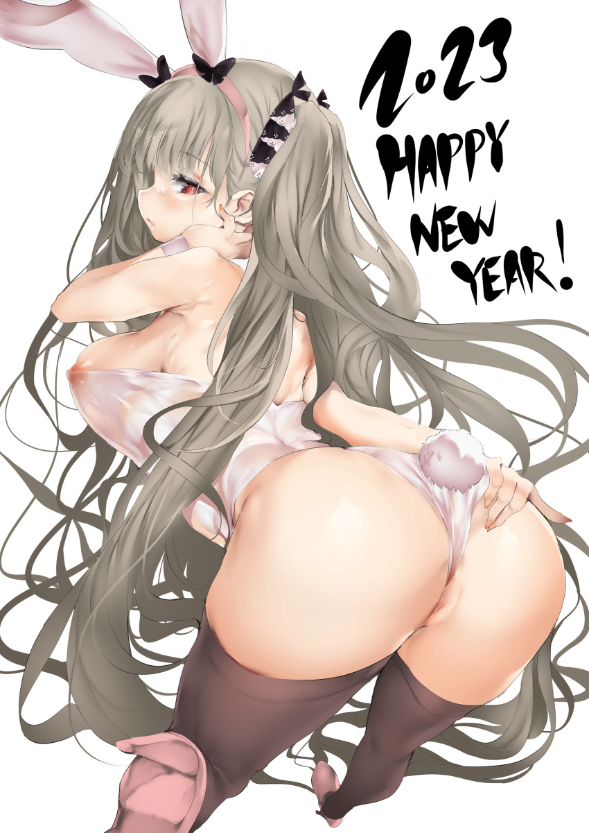 1girl 2023 absurdres animal_ears ass azur_lane backless_outfit chinese_zodiac fake_animal_ears fake_tail formidable_(azur_lane) grey_hair hand_on_own_ass hand_on_own_cheek hand_on_own_face happy_new_year high_heels highres leaning_forward leotard long_hair new_year nipples partially_visible_vulva playboy_bunny rabbit_ears rabbit_tail strapless strapless_leotard tail twintails ushiro_muki very_long_hair wedgie white_leotard wrist_cuffs year_of_the_rabbit