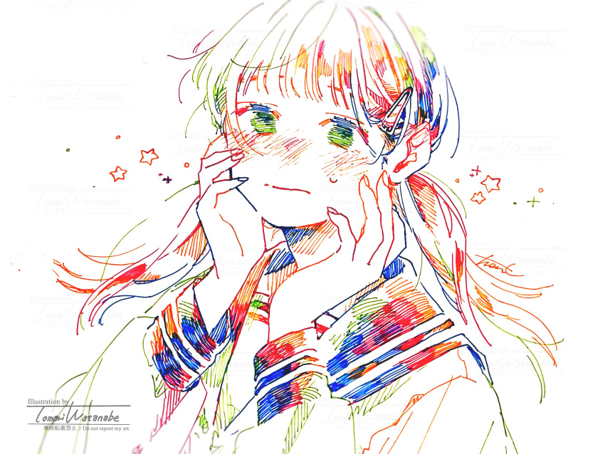 1girl :| absurdres artist_name ballpoint_pen_(medium) bangs blush closed_mouth colored_lineart cross english_text fingernails hair_ornament hairclip hands_on_own_cheeks hands_on_own_face hands_up highres long_hair long_sleeves looking_at_viewer low_twintails multicolored_hair original pen_(medium) romaji_text sailor_collar school_uniform serafuku simple_background sketch sleeve_cuffs solo star_(symbol) sweat tmari traditional_media twintails upper_body white_background white_serafuku