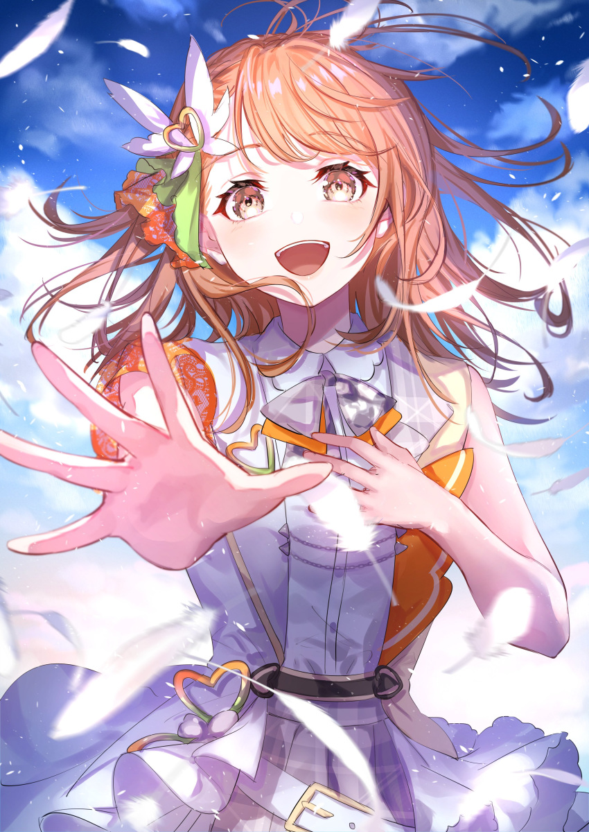 1girl absurdres armband bangs bare_arms belt blue_sky brown_hair cape cloud cloudy_sky collared_shirt day feathers floating_hair gold_trim grey_eyes grey_ribbon grey_skirt hair_ornament hanasato_minori hand_on_own_chest hand_up happy heart heart_hair_ornament highres lace light light_particles looking_at_viewer loose_belt medium_hair messy_hair motion_blur neck_ribbon open_mouth orange_ribbon outdoors outstretched_hand plaid plaid_ribbon plaid_skirt pleated_skirt project_sekai reflection reflective_eyes ribbon shiny shiny_hair shirt shirt_tucked_in single_vertical_stripe skirt sky solo sun sunlight swept_bangs tareme teeth two-tone_vest upper_teeth_only vest waist_cape white_belt white_cape white_feathers white_shirt white_vest wind wind_lift wing_collar wing_hair_ornament yuzuha_wasa