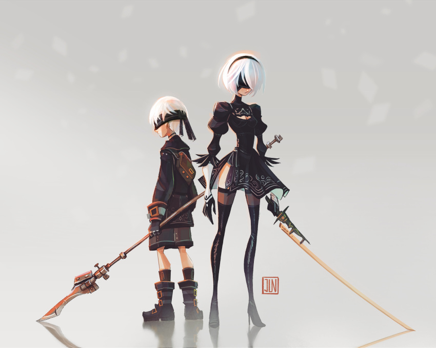 1boy 1girl absurdres black_blindfold black_dress black_gloves black_hairband black_thighhighs blindfold boots breasts clothing_cutout commentary dress gloves grey_background hairband high_heels highres jun_chiu leotard long_sleeves male_child medium_breasts nier_(series) nier_automata short_hair shorts signature simple_background thigh_boots thighhighs weapon white_hair yorha_no._2_type_b yorha_no._9_type_s