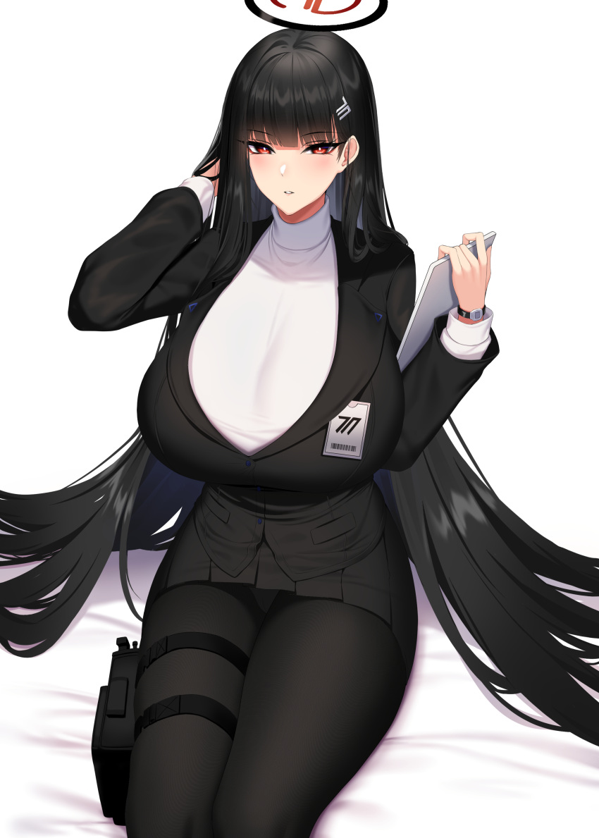 1girl absurdres black_hair black_jacket black_suit blue_archive breasts chixiao commentary_request formal gun hair_spread_out halo hand_in_own_hair handgun highres holding holding_tablet_pc holster holstered_weapon huge_breasts id_card jacket long_hair miniskirt pantyhose pleated_skirt red_eyes revision rio_(blue_archive) shirt sitting skirt solo suit sweater tablet_pc taut_clothes thigh_holster thighs turtleneck turtleneck_sweater very_long_hair watch weapon white_shirt white_sweater wristwatch