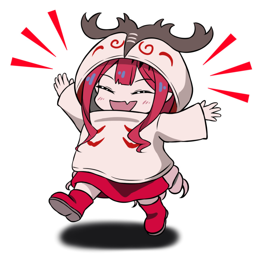 1girl arms_up bangs cernunnos_(fate) closed_eyes eyebrows_hidden_by_hair fairy_knight_tristan_(fate) fate/grand_order fate_(series) gu-rahamu_omega_x hair_between_eyes highres hood hoodie horns long_hair open_arms open_mouth pointy_ears red_hair shadow simple_background smile solo walking white_background