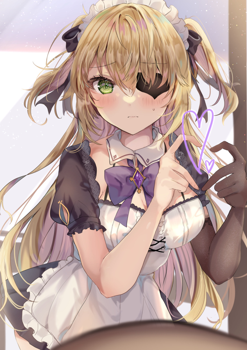 1girl alternate_costume apron bangs black_ribbon blonde_hair blush bow bowtie breasts chuunibyou cleavage closed_mouth dress embarrassed enmaided eyepatch fischl_(genshin_impact) frilled_apron frills genshin_impact gloves green_eyes hair_over_one_eye hair_ribbon heart heart_hands highres long_hair looking_at_viewer maid maid_apron maid_headdress maruro medium_breasts puffy_short_sleeves puffy_sleeves purple_bow purple_bowtie purple_ribbon ribbon shirt short_sleeves single_sleeve solo two_side_up white_apron