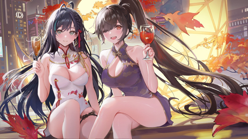 2girls ;d alcohol alternate_costume ame_(uten_cancel) antenna_hair autumn_leaves bare_arms bare_legs bare_shoulders black_hair braid breasts building china_dress chinese_clothes cleavage cleavage_cutout closed_mouth clothing_cutout convenient_leg crossed_legs cup dress drinking_glass gold_trim green_eyes highres holding holding_cup large_breasts lin_(tower_of_fantasy) long_hair looking_at_viewer medium_breasts mole mole_under_eye multicolored_hair multiple_girls no_panties one_eye_closed open_mouth pelvic_curtain ponytail purple_dress red_eyes saki_fuwa_(tower_of_fantasy) short_dress sitting sleeveless sleeveless_dress smile streaked_hair thigh_strap thighs tower_of_fantasy very_long_hair white_dress wine wine_glass