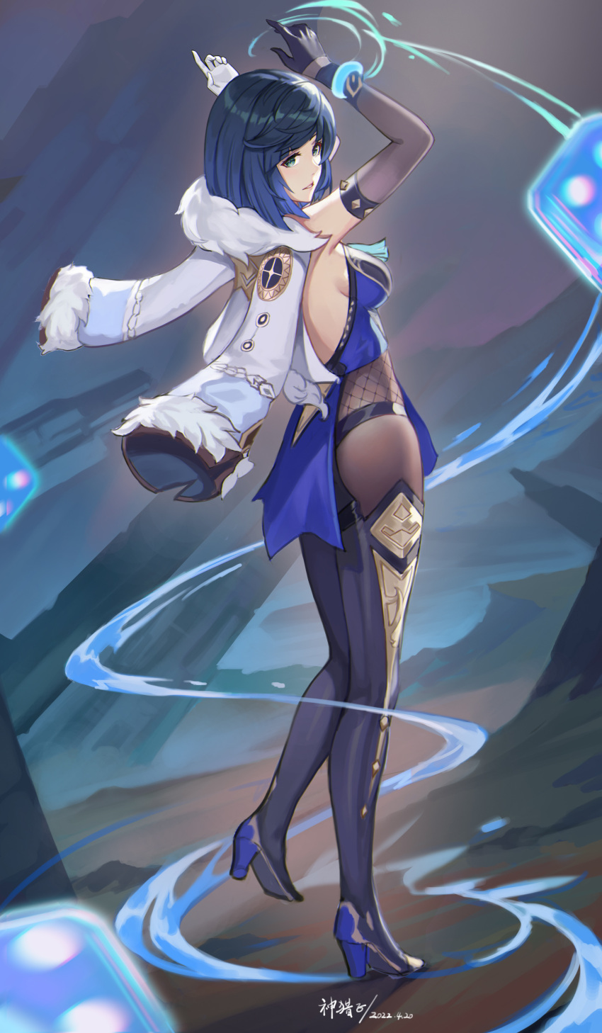 1girl absurdres arm_up ass black_pantyhose black_thighhighs blue_eyes blue_hair breasts clothing_cutout coat coat_on_shoulders fur-trimmed_coat fur_trim genshin_impact god_hunter high_heels highres looking_at_viewer looking_to_the_side pantyhose short_hair sideboob solo thighhighs yelan_(genshin_impact)