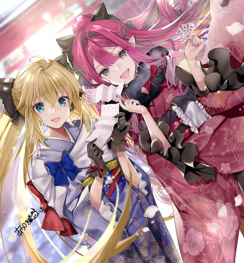 2girls ahoge akatsuki_hijiri artoria_caster_(fate) artoria_pendragon_(fate) bangs black_bow black_gloves blonde_hair blue_kimono blush bow breasts fairy_knight_tristan_(fate) fate/grand_order fate_(series) fur_collar gloves green_eyes grey_eyes hair_bow highres japanese_clothes kimono large_breasts long_hair long_sleeves looking_at_viewer multiple_girls obi open_mouth pink_hair pointy_ears ponytail red_kimono sash sidelocks small_breasts smile twintails wide_sleeves