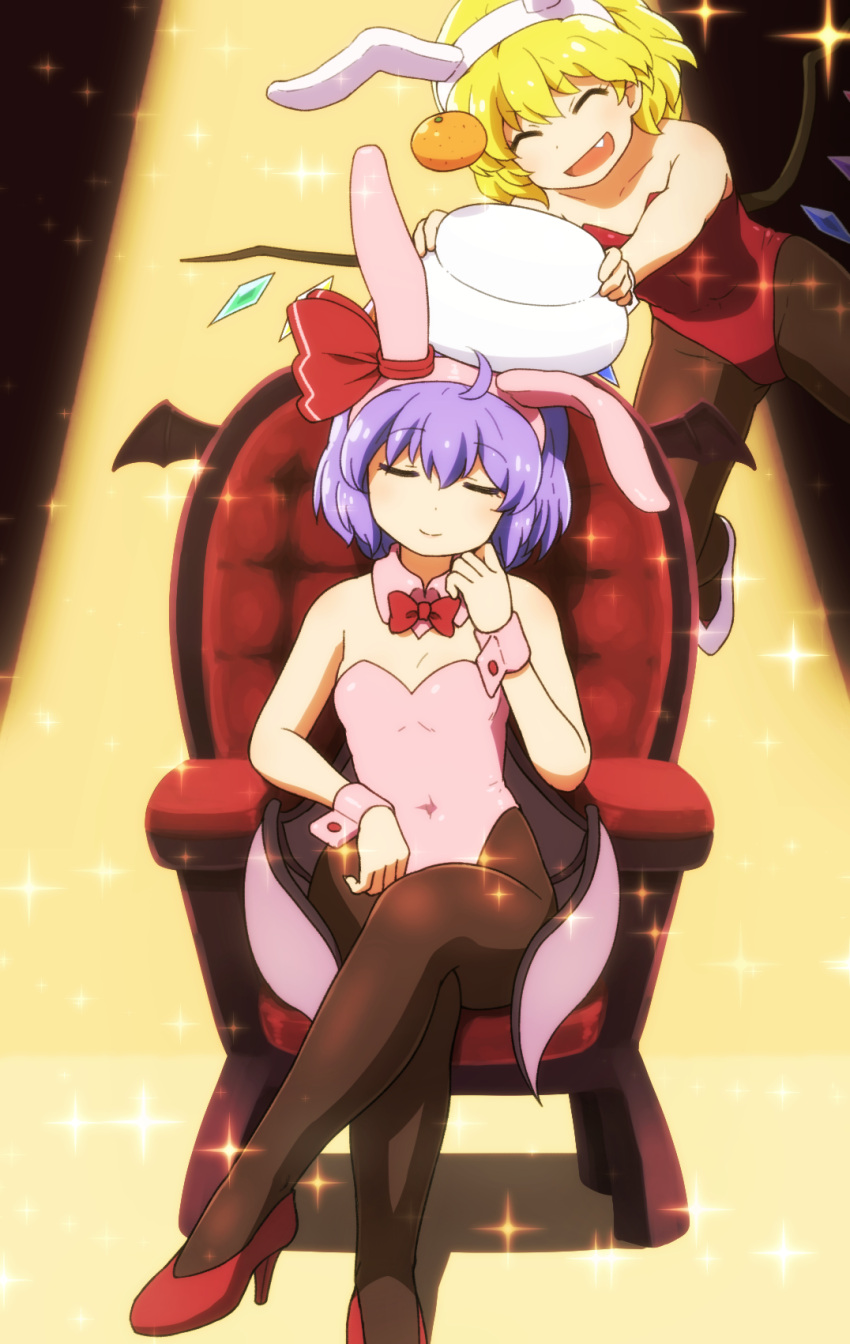 2girls ^_^ animal_ears armchair bangs bat_wings blonde_hair bow bowtie breasts brown_pantyhose chair chinese_zodiac closed_eyes closed_mouth commentary_request crossed_legs crystal detached_collar facing_another facing_viewer fake_animal_ears fang flandre_scarlet floating food fruit hairband hand_on_own_cheek hand_on_own_face hand_up head_tilt high_heels highleg highleg_leotard highres kagami_mochi leotard mandarin_orange medium_hair multiple_girls object_on_head on_chair open_mouth orange_(fruit) pantyhose pink_leotard playboy_bunny purple_hair rabbit_ears red_leotard remilia_scarlet shirosato shoes siblings sisters sitting small_breasts smile sparkle strapless strapless_leotard touhou v-shaped_eyebrows wings wrist_cuffs year_of_the_rabbit