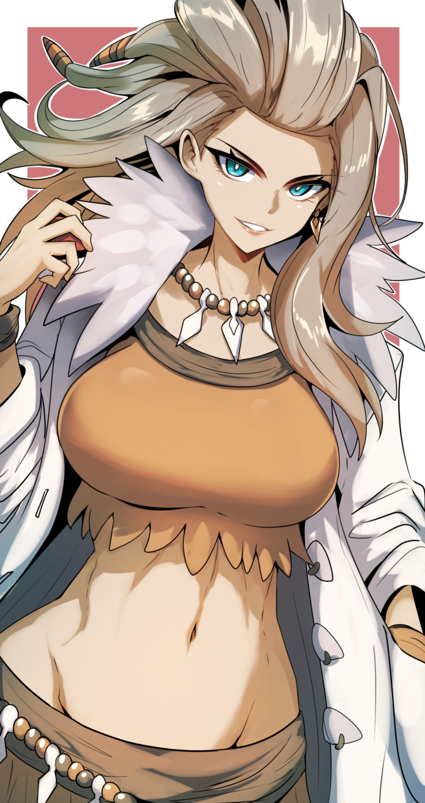 1girl bead_necklace beads blue_eyes blush breasts brown_hair coat earrings forehead fur_collar gin_moku grin hair_pulled_back highres jewelry labcoat large_breasts long_hair long_sleeves looking_to_the_side navel necklace open_labcoat orange_shorts pokemon pokemon_(game) pokemon_sv sada_(pokemon) shorts smile solo stomach white_coat