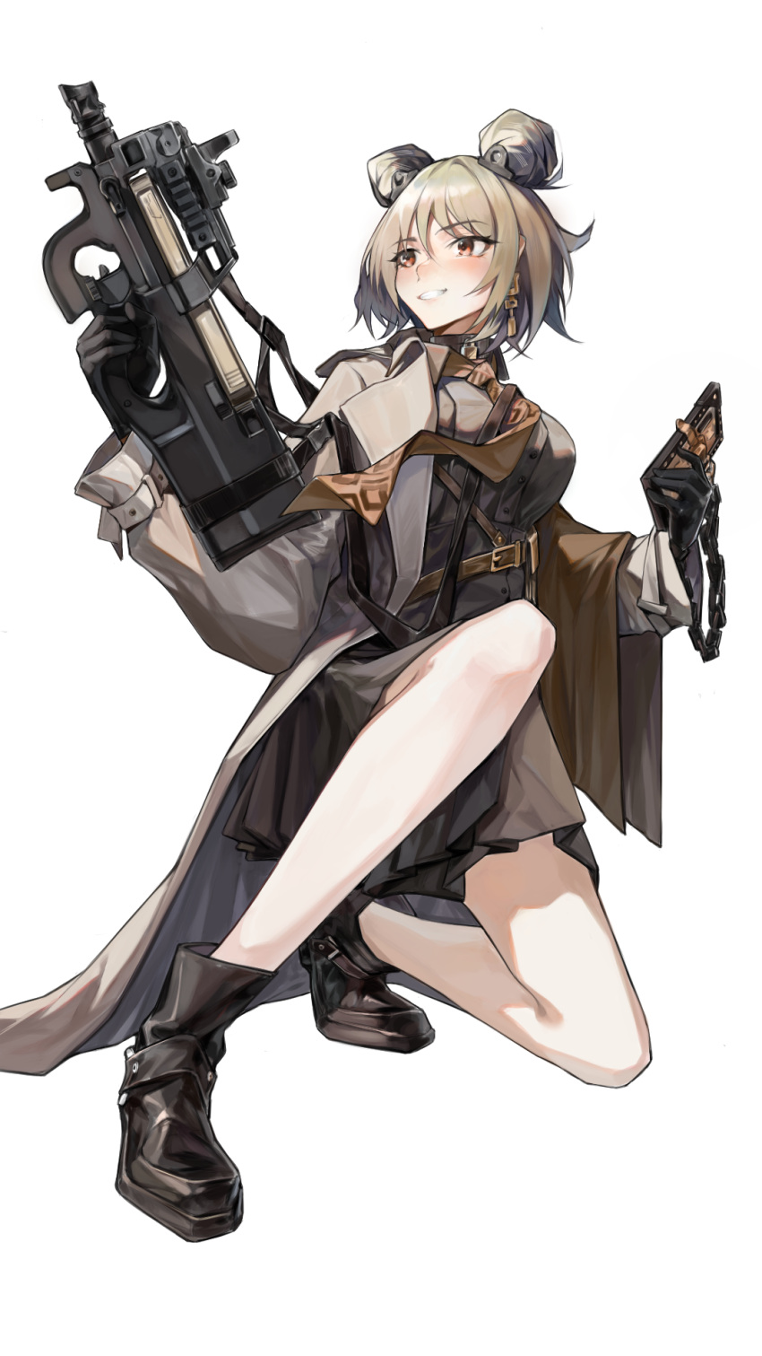 1girl black_gloves blush breasts bullpup chadlink choker commentary_request commission double_bun earrings full_body girls'_frontline gloves grin gun hair_between_eyes hair_bun highres holding holding_gun holding_phone holding_weapon jewelry legs light_brown_hair medium_breasts necktie official_alternate_costume one_knee p90 p90_(girls'_frontline) p90_(the_girl_from_b.e.l)_(girls'_frontline) phone pixiv_commission red_eyes short_hair simple_background skirt smile solo submachine_gun trench_coat weapon white_background