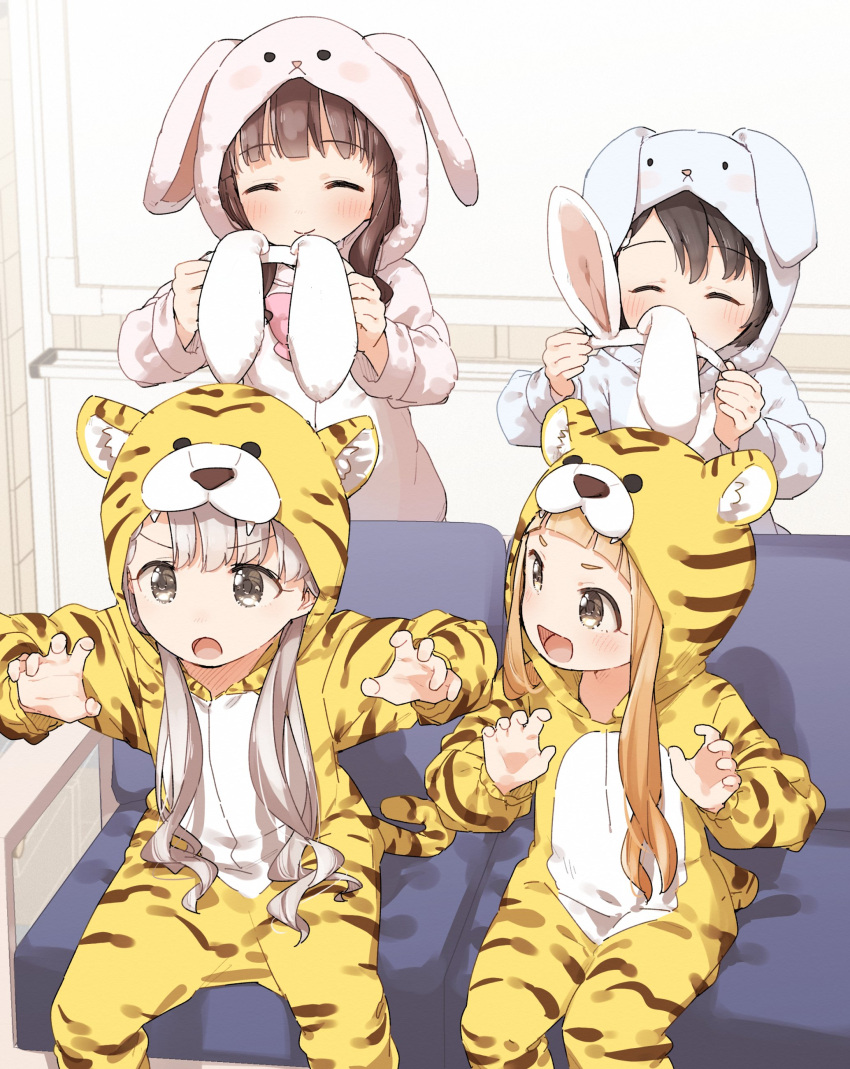 4girls absurdres animal_costume animal_ear_fluff animal_ears animal_print bangs black_hair blunt_bangs brown_hair chinese_zodiac commentary cosplay hair_ornament highres hisakawa_nagi ichihara_nina idolmaster idolmaster_cinderella_girls kigurumi long_hair multiple_girls new_year ogata_chieri pajamas rabbit_ears sasaki_chie tiger_costume tiger_print year_of_the_rabbit year_of_the_tiger yukie_(kusaka_shi)