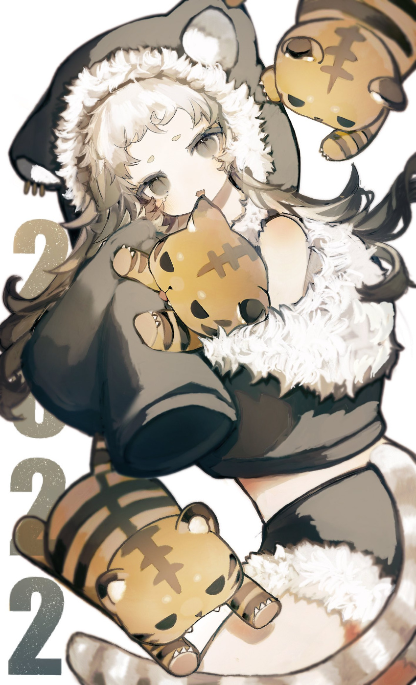 1girl 2022 animal_ear_fluff animal_hood animal_hug black_hoodie blonde_hair brown_eyes chestnut_mouth chinese_zodiac commentary_request crop_top fang from_side fur-trimmed_hood fur-trimmed_jacket fur-trimmed_shorts fur_collar fur_trim highres hood hood_up hoodie jacket konomiyakii long_hair long_sleeves looking_at_viewer midriff open_mouth original short_eyebrows short_shorts shorts simple_background skin_fang sleeves_past_wrists slit_pupils tail thick_eyebrows tiger_girl tiger_tail very_long_sleeves white_background year_of_the_tiger