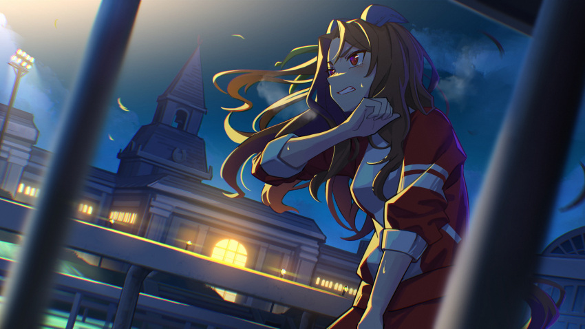 1girl absurdres animal_ears blurry blurry_foreground blush breasts breath brown_hair building clenched_teeth floating_hair highres horse_ears horse_girl horse_tail jacket king_halo_(umamusume) lamppost long_hair night open_clothes open_jacket outdoors pants red_eyes red_jacket red_pants school sleeves_pushed_up small_breasts solo steeple sweat tail tearing_up teddy_(takarada) teeth umamusume v-shaped_eyebrows wind